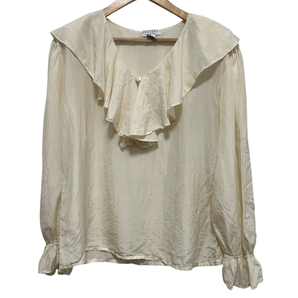 EXPRESS Vintage 90s 100% Pure Silk Ruffle Long Sleeve Top Size Medium